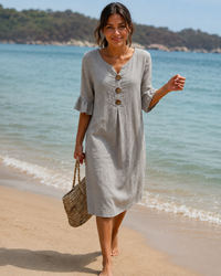 Éliane - Elegantes Knopf-V-Ausschnitt-Kleid in Grau