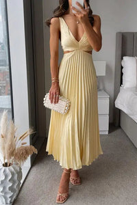 Kesley | Damen Plisseekleid Festlich Stilvoll Zeitlos Elegant Abend in Gelb