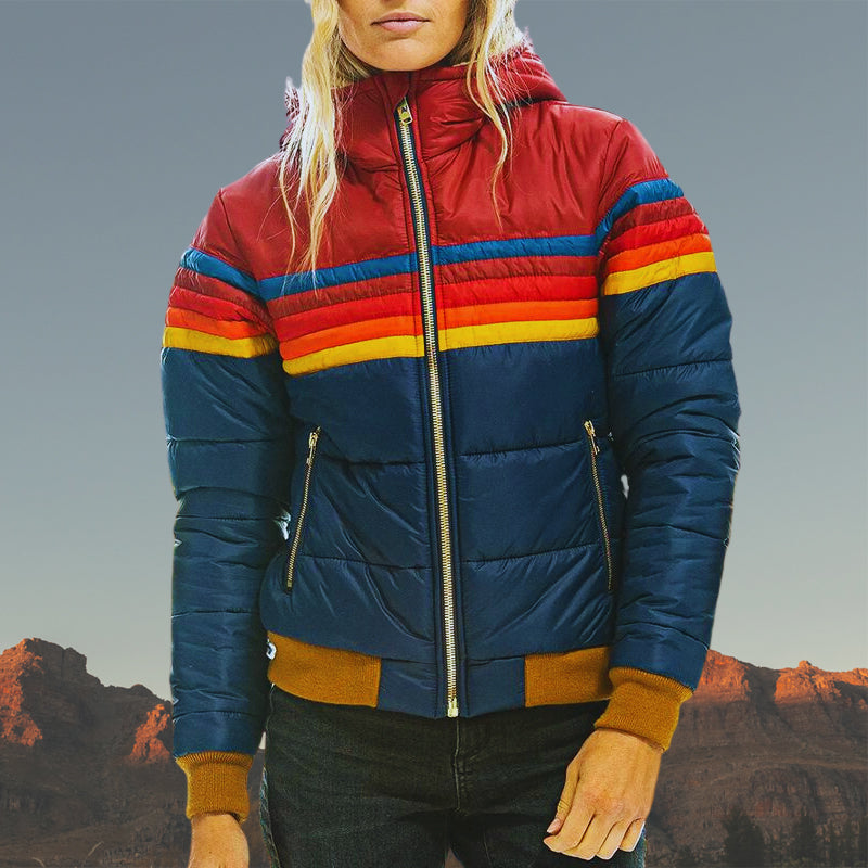 Stylische Gepolsterte Gestreifte Regenjacke mit Kapuze und Wasserdicht für Damen | Ideal für den Winter