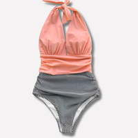 Damen Einteiler Sexy Faltiger Sommer Strandanzug aus Synthetik in Rosa Streifen
