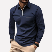 Herren Langarm-Polohemd mit Brusttasche in Marineblau