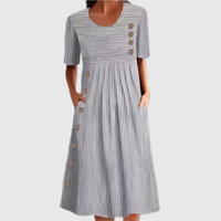 Jasmin | Damen Gestreiftes Midi Kleid Mit Knopfdetails in Grau