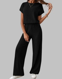 Paula | Damen Rippstrick-Set Kurzarm Top Weite Hose Casual in Schwarz