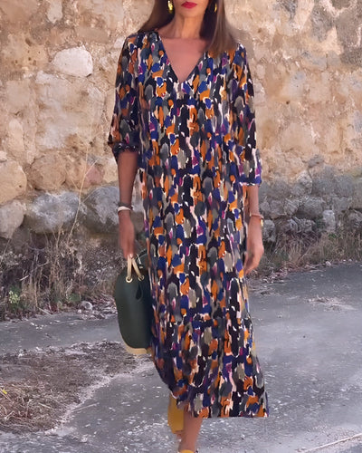 Nathalie™| Kleid mit V-Ausschnitt und Retro-Print