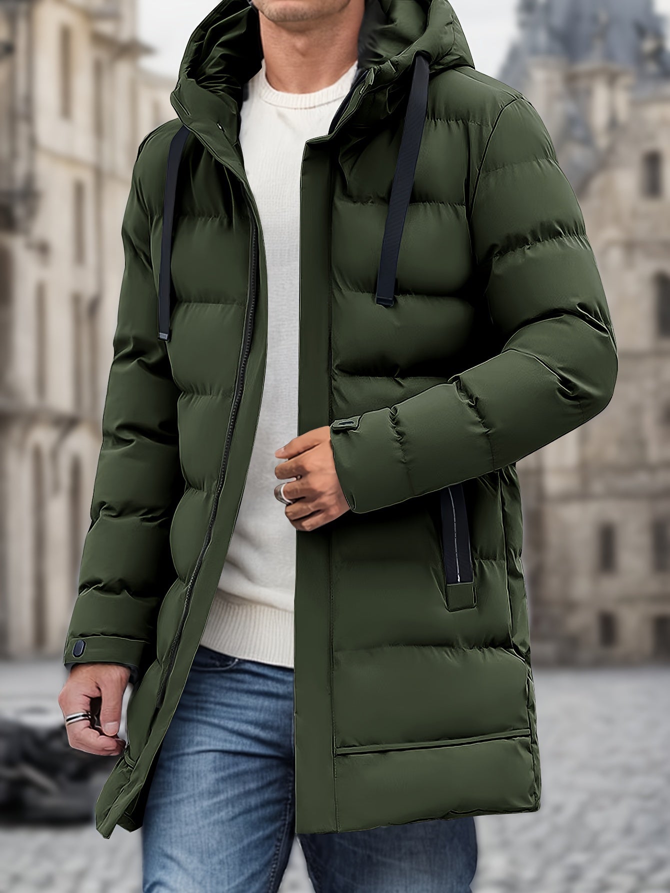 Eleganter Baumwoll-Steppmantel mit Kapuze und großer Tasche für Herren | Ideal für den Winter