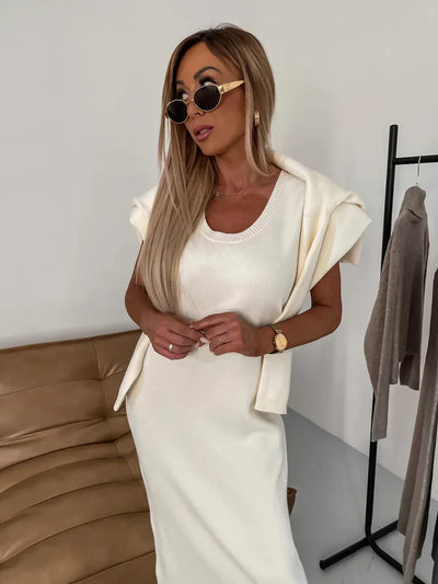 Minsanda | Midi-Kleid und Bluse mit hohem Kragen Set