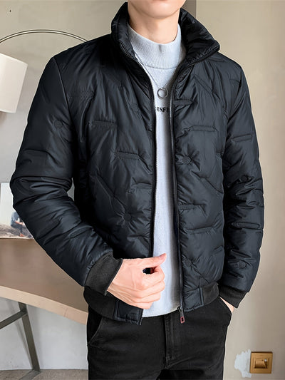 Lässige schwarze Baumwoll-Steppjacke mit Stehkragen und Reissverschluss für Herren | Ideal für den Winter