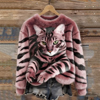 Jules – Weiches Plüsch Sweatshirt Mit Tabby Katzen Und Tiger Muster in Rosa