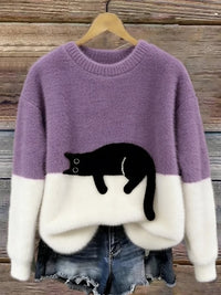 Damen Oversized Pullover mit Farbblockdesign und Katzenmotiv in Lila