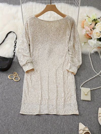 Casual Kontrast Pailletten V-Ausschnitt Langarm Party Wear festliches Kleid für Damen | Ideal für den Sommer