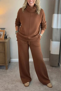Aivra | Damen Turtleneck Langarm Weitbeiniger Zweiteiler mit Taschen in Braun