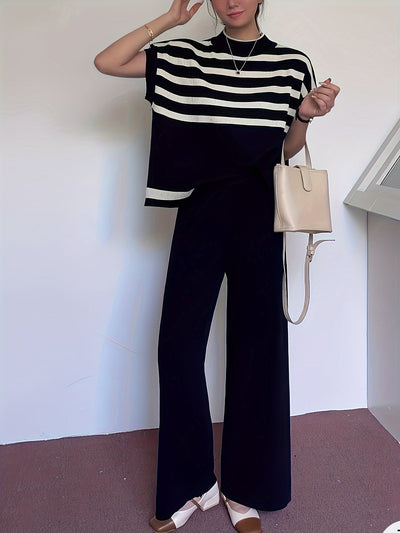Lässiger Retro-Hosenanzug mit gestreiftem Muster, Stehkragen und Outfit-Set für Damen | Ideal für das tägliche Tragen