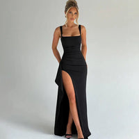 Aria | Elegantes Slip-Maxikleid mit offenem Rücken in Schwarz