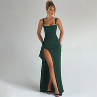 Aria | Elegantes Slip-Maxikleid mit offenem Rücken in Dunkelgrün
