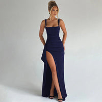 Aria | Elegantes Slip-Maxikleid mit offenem Rücken in Marineblau