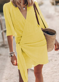 Allie | Damen Wickelkleid Locker V-Ausschnitt Feminin Sommer Romantic in Gelb