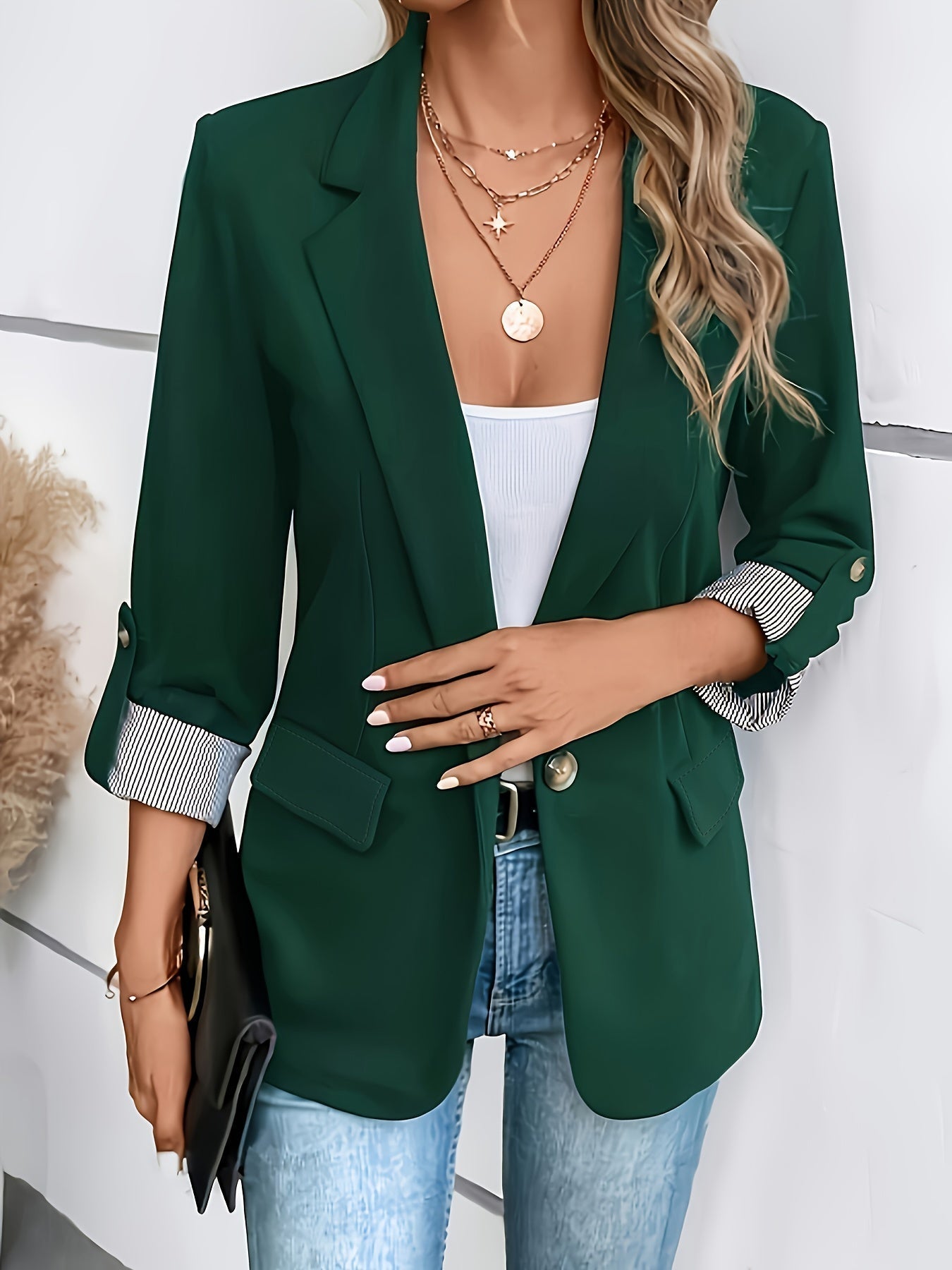 Eleganter Blazer Mit Reverskragen, Umgeschlagenen Ärmeln Und Seitentaschen Für Damen |  Ideal für das tägliche Tragen