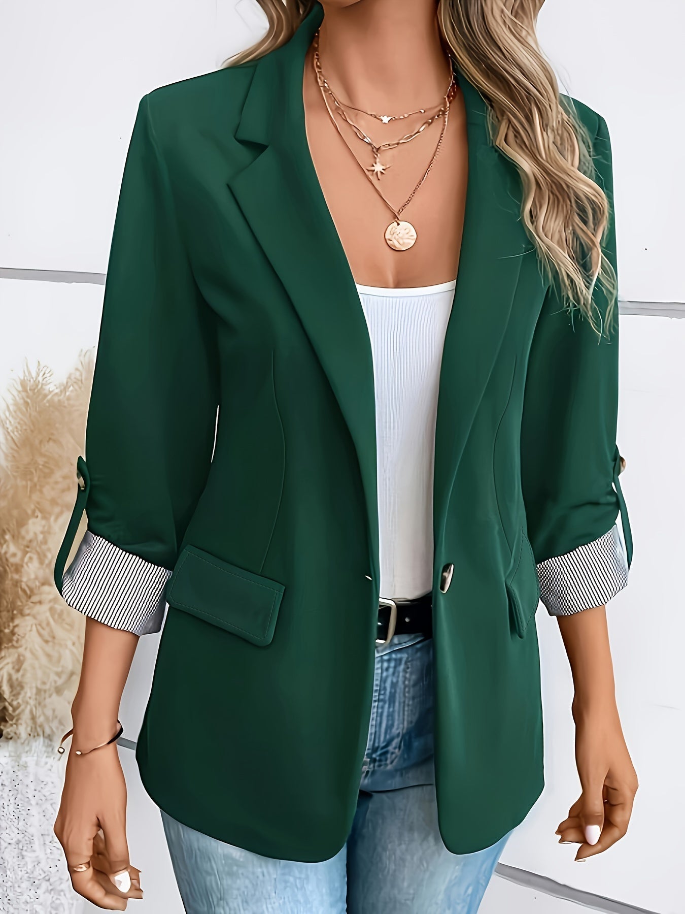 Eleganter Blazer Mit Reverskragen, Umgeschlagenen Ärmeln Und Seitentaschen Für Damen |  Ideal für das tägliche Tragen