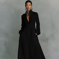 Astrid | Damen Maxikleid Leinenmischung Patchwork Knopfleiste Boho Casual in Schwarz
