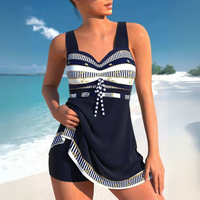 Aztekenmuster Raffung Tankini Badekleid in Dunkelblau