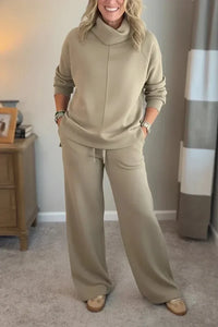 Aivra | Damen Turtleneck Langarm Weitbeiniger Zweiteiler mit Taschen in Khaki