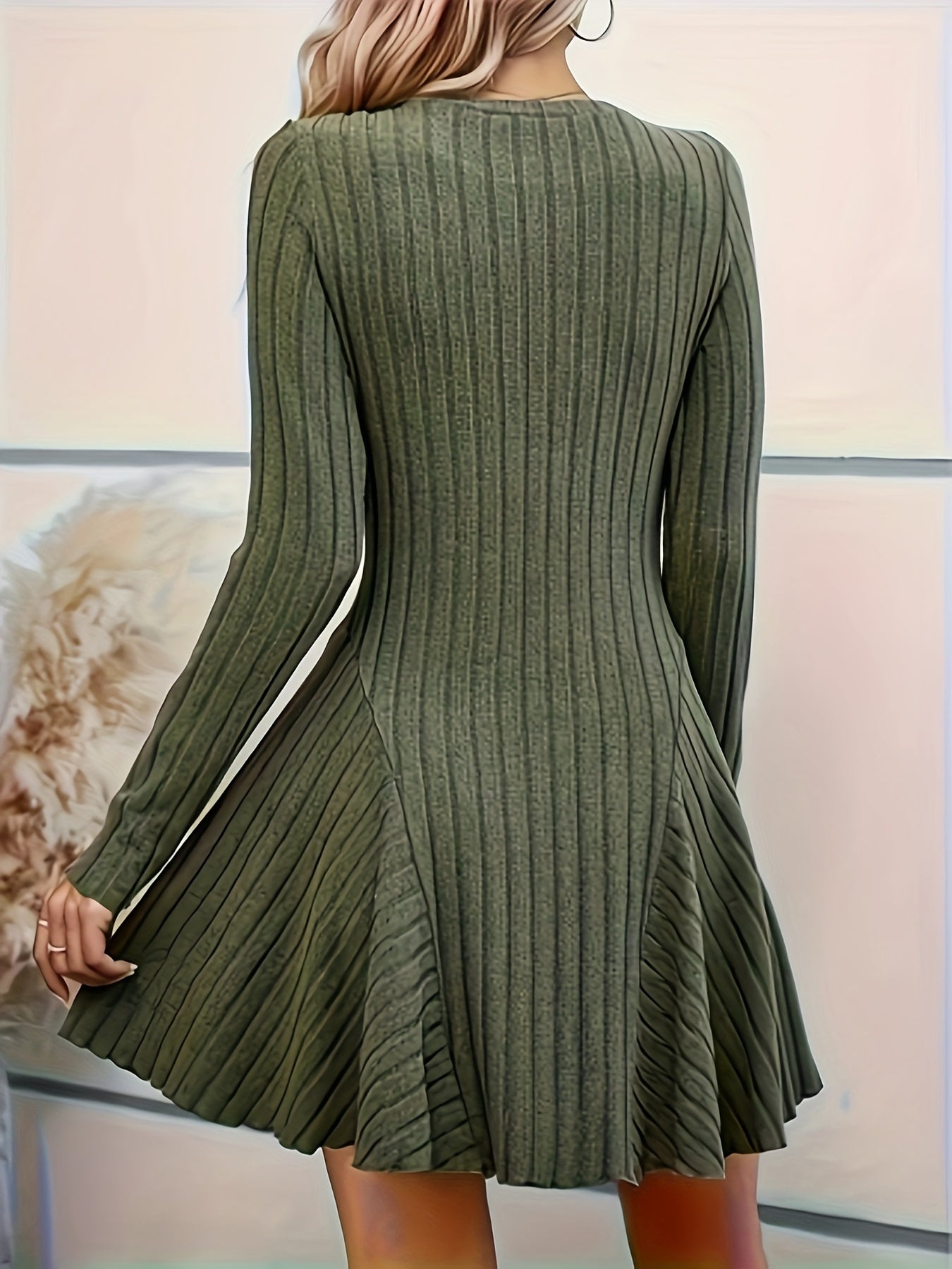 Stylisches geripptes V-Ausschnitt A-Linien Langarm festliches Kleid für Damen | Ideal für den Sommer