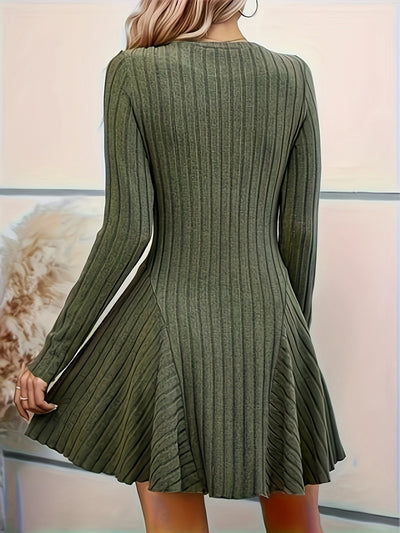 Stylisches geripptes V-Ausschnitt A-Linien Langarm festliches Kleid für Damen | Ideal für den Sommer
