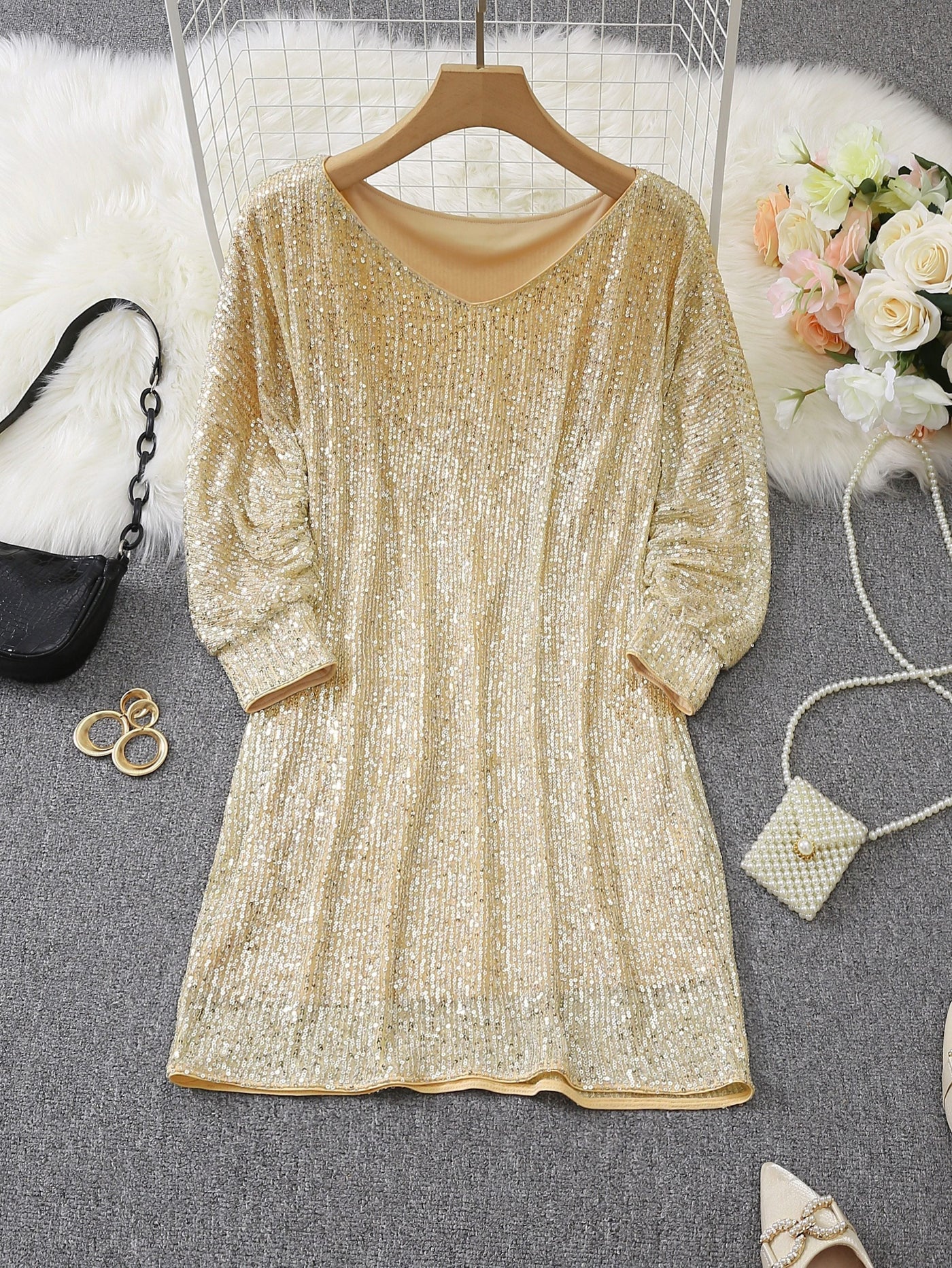 Casual Kontrast Pailletten V-Ausschnitt Langarm Party Wear festliches Kleid für Damen | Ideal für den Sommer