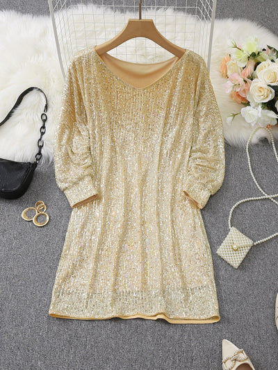 Casual Kontrast Pailletten V-Ausschnitt Langarm Party Wear festliches Kleid für Damen | Ideal für den Sommer
