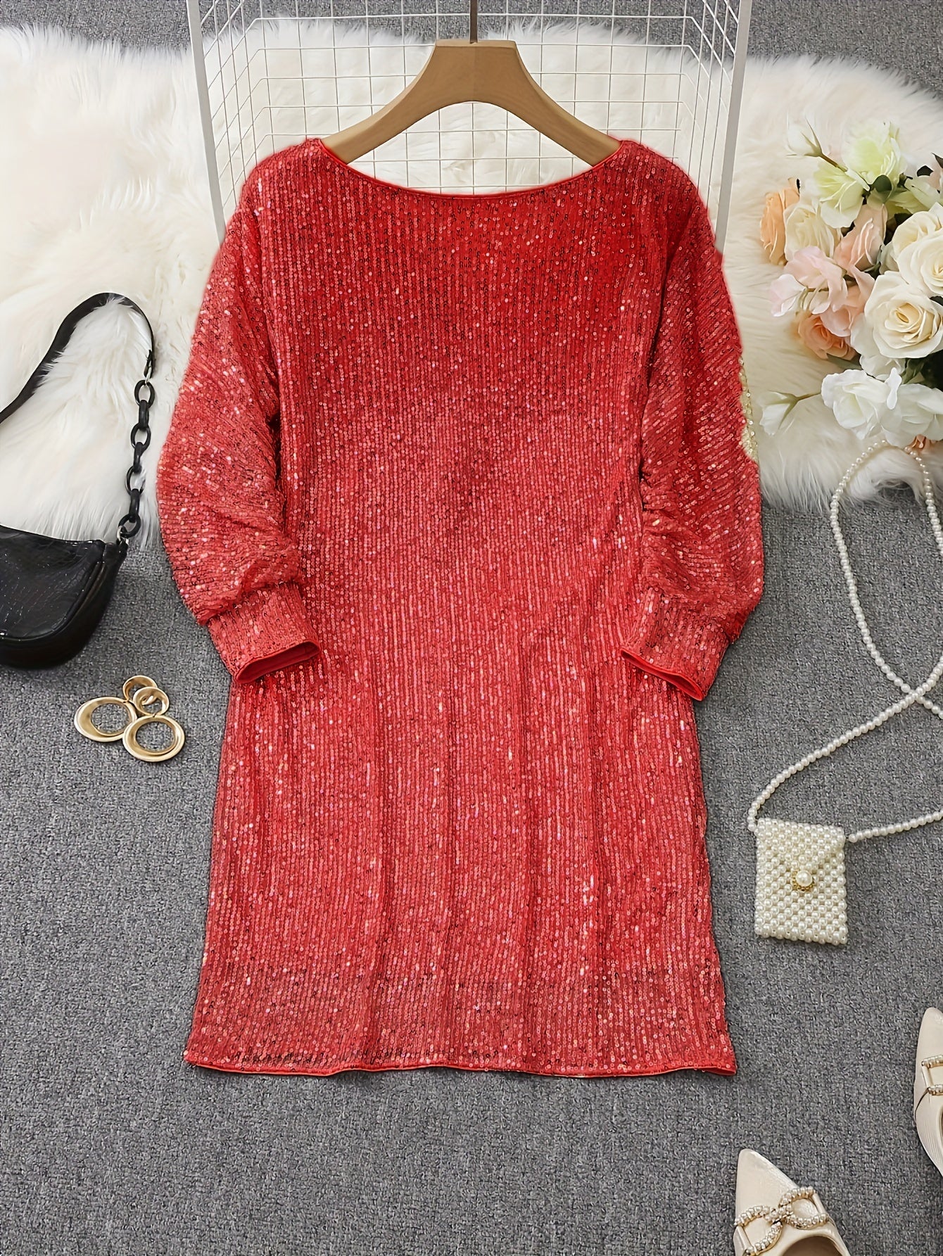 Casual Kontrast Pailletten V-Ausschnitt Langarm Party Wear festliches Kleid für Damen | Ideal für den Sommer