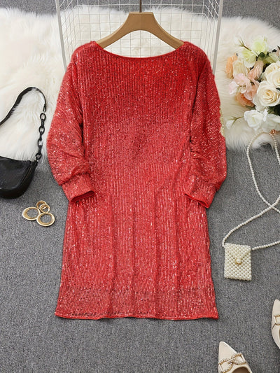 Casual Kontrast Pailletten V-Ausschnitt Langarm Party Wear festliches Kleid für Damen | Ideal für den Sommer
