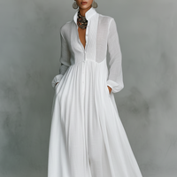 Astrid | Damen Maxikleid Leinenmischung Patchwork Knopfleiste Boho Casual in Weiß