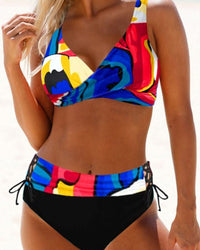 Samantha – Hohe Taille bunter Bikini Badeanzug in Blau