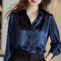 Elegantes Satin-Hemdblusenshirt für Damen | Lange Ärmel in Marineblau