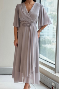 Elma | Damen Midi Kleid Fließend Elegant Modern Feminin Casual in Grau