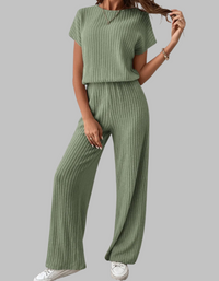 Paula | Damen Rippstrick-Set Kurzarm Top Weite Hose Casual in Grün