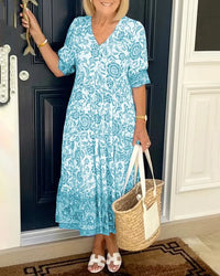 Meike | Damen Bohemian Kleid V-Ausschnitt Boho Romantic Sommer in Himmelblau