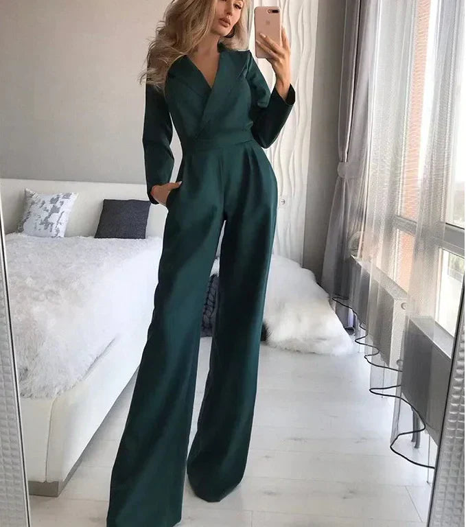 Damen Sommer-Jumpsuit mit langen Ärmeln und V-Ausschnitt