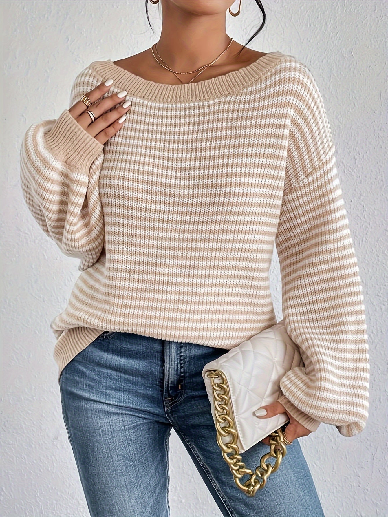 Lässiger Oversized Strickpullover aus Baumwolle mit Streifen und Elastischem Stoff für Damen | Ideal für den Winter