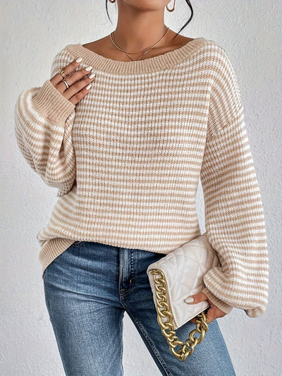 Lässiger Oversized Strickpullover aus Baumwolle mit Streifen und Elastischem Stoff für Damen | Ideal für den Winter