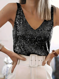 Jennifer - Damen Pailletten V-Ausschnitt ärmelloses Tanktop in Schwarz
