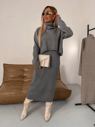 Minsanda | Midi-Kleid und Bluse mit hohem Kragen Set