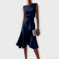 Aurélie | Damen Ärmelloses Midikleid Drapiert Asymmetrisch Elegant Modern in Marineblau