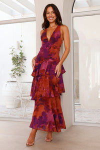 Isadora | Damen Rüschen Maxikleid Romantic Fließend Festlich Elegant in Rot
