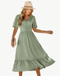 Renée | Damen Knielanges Kleid V-Ausschnitt Kurzarm Elegant Casual in Grün