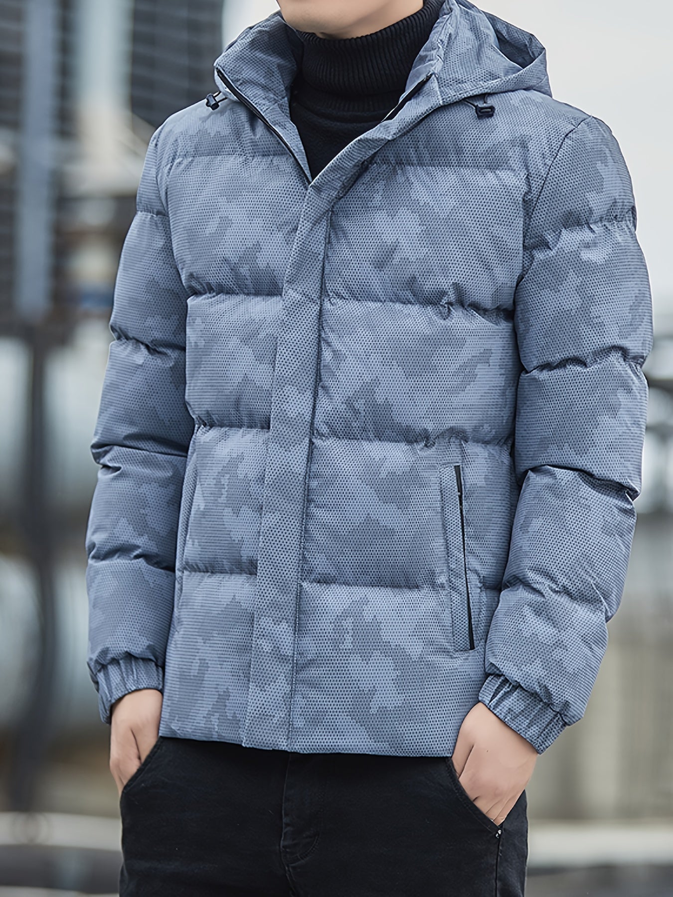 Warme Baumwoll-Steppjacke im Camouflage-Stil mit abnehmbarer Kapuze für Herren | Ideal für den Winter