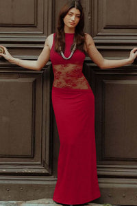 Amanda - Transparentes Spitzen-Panel ärmelloses Maxikleid in Rot