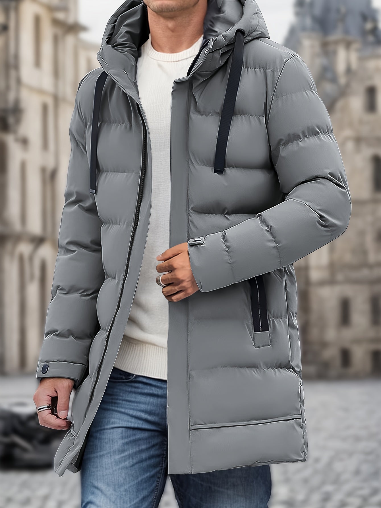 Eleganter Baumwoll-Steppmantel mit Kapuze und großer Tasche für Herren | Ideal für den Winter