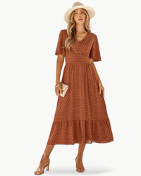 Renée | Damen Knielanges Kleid V-Ausschnitt Kurzarm Elegant Casual in Ziegelrot