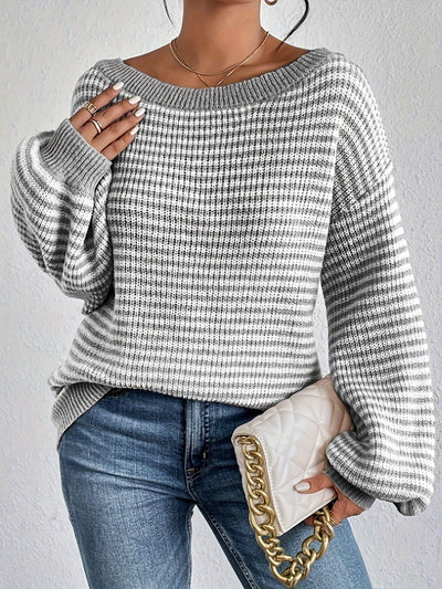Lässiger Oversized Strickpullover aus Baumwolle mit Streifen und Elastischem Stoff für Damen | Ideal für den Winter